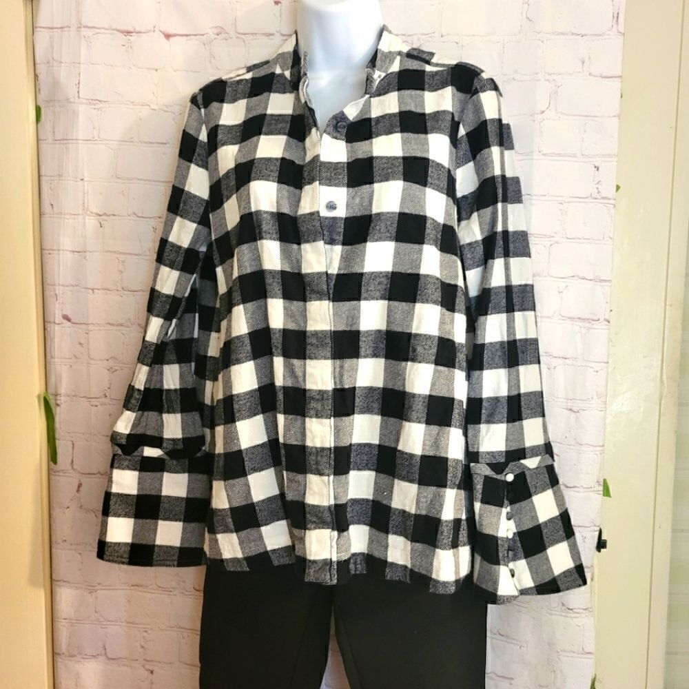 NEW Derek Lam 10 Crosby Black/White Buffalo Plaid Collarless Shirt sz.6 ret $325